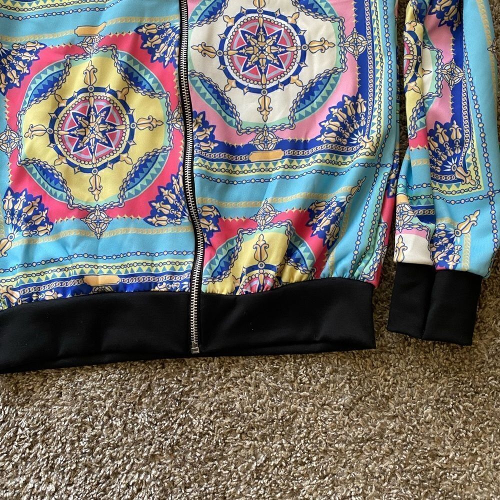 💼Light Wear Summer Bomber Jacket, Paisley Chain Print, Zip Front - Picture 11 of 13